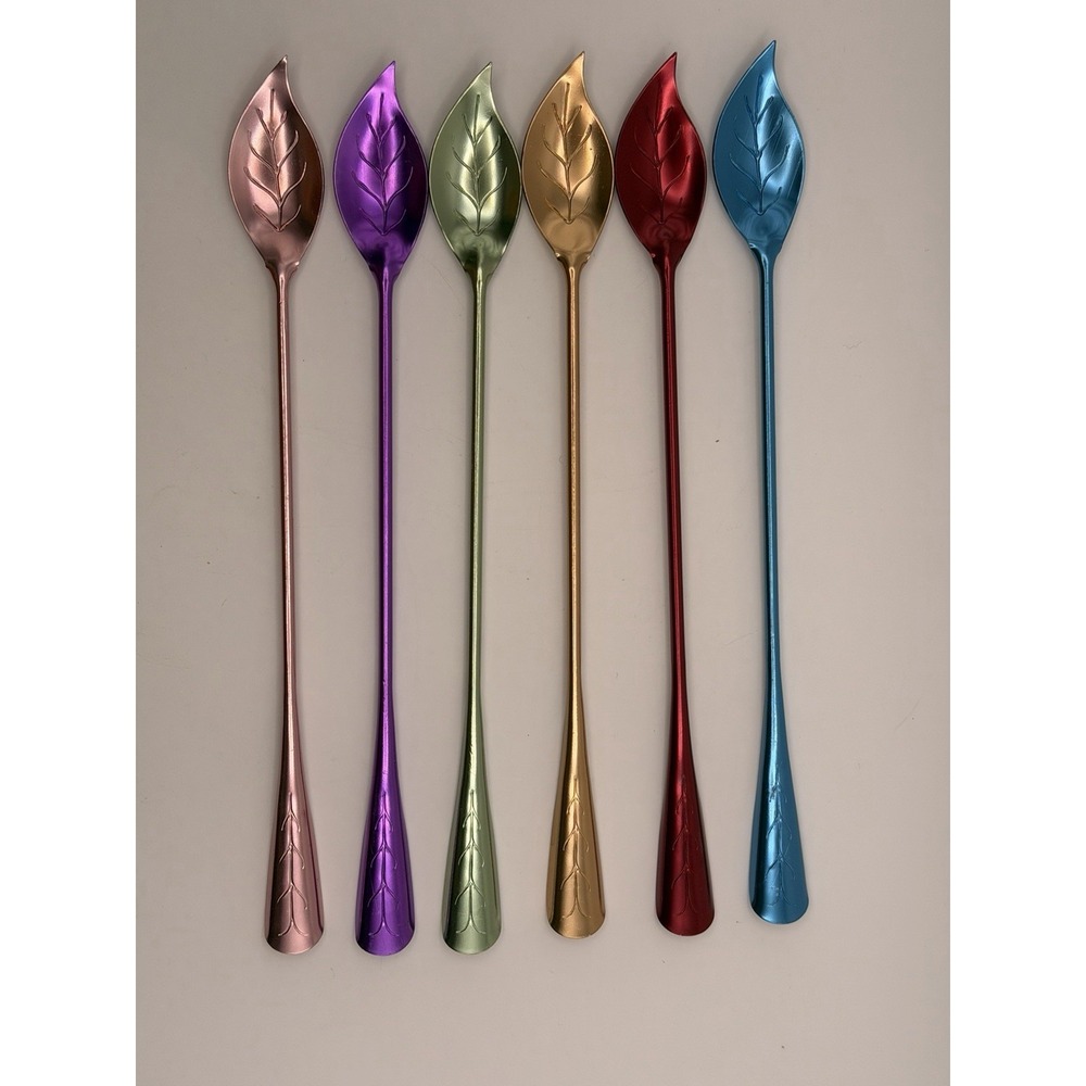 Vintage Anodized Aluminum Leaf Spoons Colorful Long Handle Stirrer Set of 6